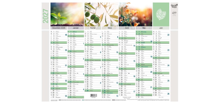 Quo Vadis - Calendrier mural - 2027 - Français - Equology - § - 14 mois de décembre à janvier - 55x40,5 cm recyclé
