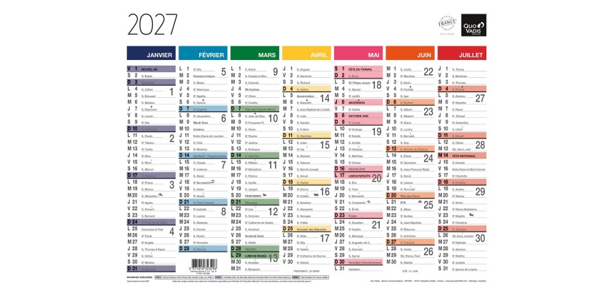 Quo Vadis - Calendrier mural - 2027 - Français - Arc en ciel - Arc-en-ciel - 13 mois de janvier à janvier - 27x21 cm