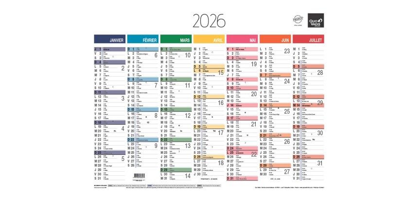 Quo Vadis - Calendrier mural - 2026 - Français - Arc en ciel - Multicolore - 13 mois de janvier à janvier - 43x33,5 cm - par 10