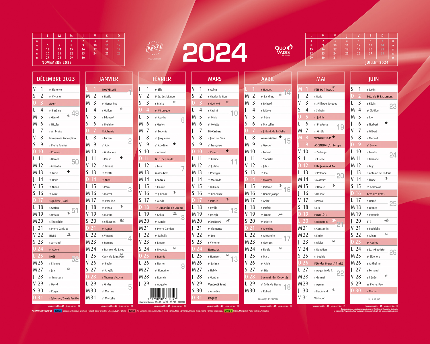 Calendrier de banque rouge 2024, 270 x 210 mm - Agenda année civile -  Creavea