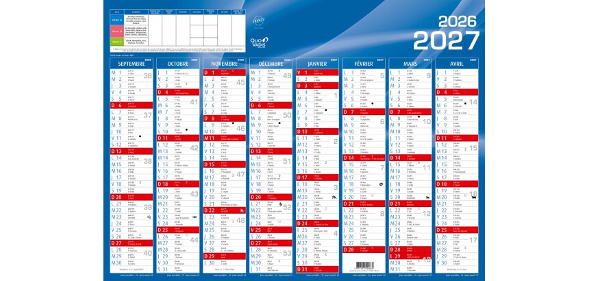 Quo Vadis - Calendrier mural - 2026-2027 - Français - Classic - Bleu - 16 mois de septembre à décembre - 55x40,5 cm - par 10