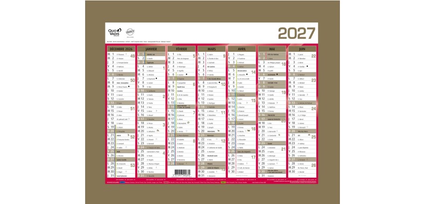 Quo Vadis - Calendrier mural - 2027 - Français - Classic - Jaune - 14 mois de décembre à janvier - 27x21 cm
