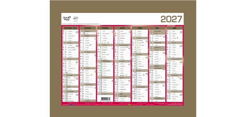 Quo Vadis - Calendrier mural - 2027 - Français - Classic - Jaune - 14 mois de décembre à janvier - 27x21 cm