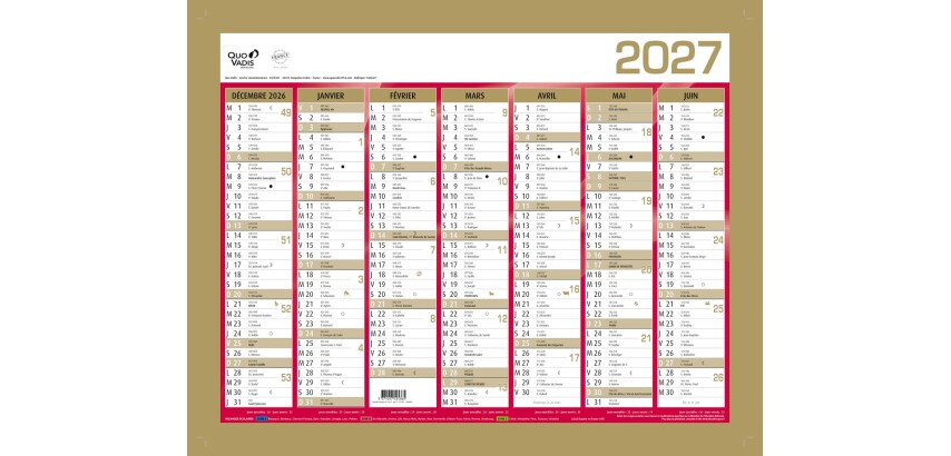 Quo Vadis - Calendrier mural - 2027 - Français - Classic - Jaune - 14 mois de décembre à janvier - 43x33,5 cm