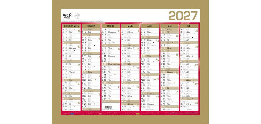 Quo Vadis - Calendrier mural - 2027 - Français - Classic - Jaune - 14 mois de décembre à janvier - 43x33,5 cm