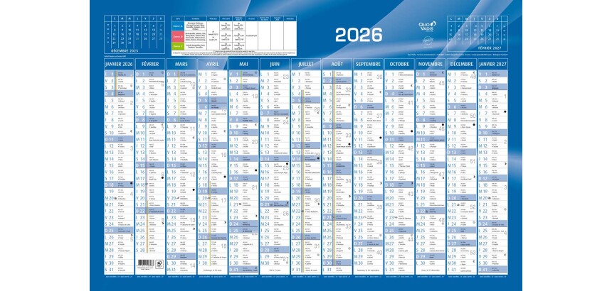 Quo Vadis - Calendrier mural - 2026 - Français - Classic - Bleu - 13 mois de janvier à janvier - 65x43 cm - par 10
