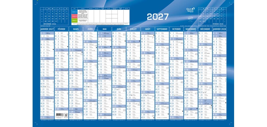 Quo Vadis - Calendrier mural - 2027 - Français - Classic - Bleu - 13 mois de janvier à janvier - 65x40,5 cm - par 10