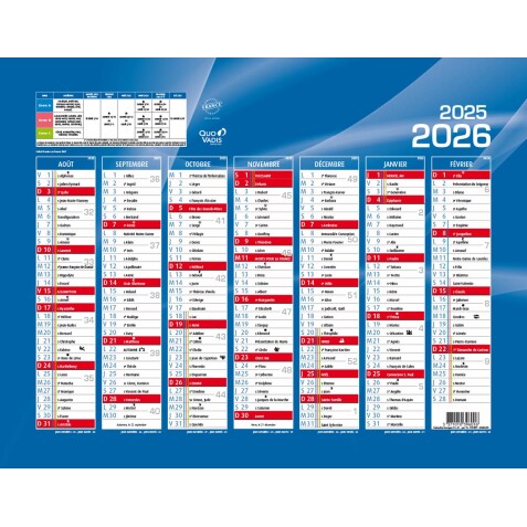 Quo Vadis - Calendrier mural - 2025-2026 - Français - Classic - Bleu - 14 mois de août à septembre - 27x21 cm - par 10