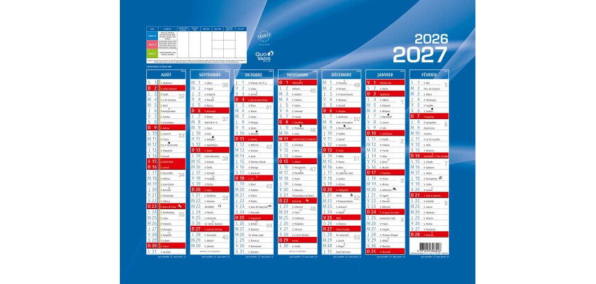 Quo Vadis - Calendrier mural - 2026-2027 - Français - Classic - Bleu - 14 mois de août à septembre - 27x21 cm - par 10
