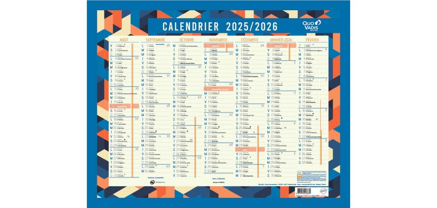 Quo Vadis - Calendrier mural - 2025-2026 - Français - Classic - Multicolore - 14 mois de août à septembre - 43x33,5 cm - par 10