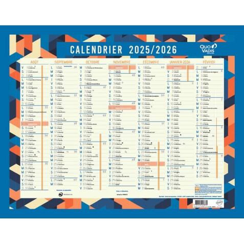 Quo Vadis - Calendrier mural - 2025-2026 - Français - Classic - Multicolore - 14 mois de août à septembre - 43x33,5 cm - par 10