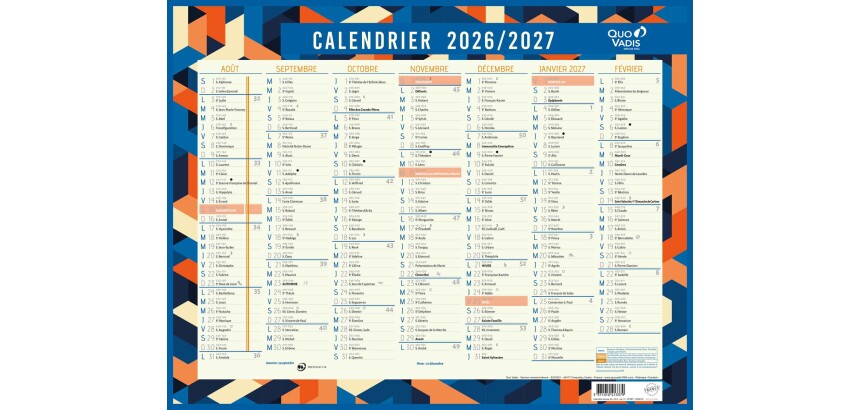Quo Vadis - Calendrier mural - 2026-2027 - Français - Classic - Eventail - 14 mois de août à septembre - 43x33,5 cm