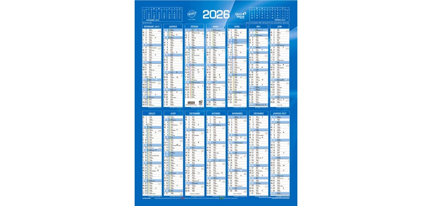 Quo Vadis - Calendrier mural - 2026 - Français - Classic - Bleu - 14 mois de décembre à janvier - 43x55 cm - par 10