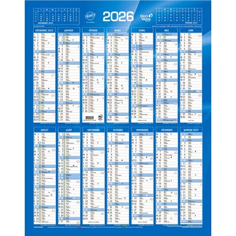 Quo Vadis - Calendrier mural - 2026 - Français - Classic - Bleu - 14 mois de décembre à janvier - 43x55 cm - par 10