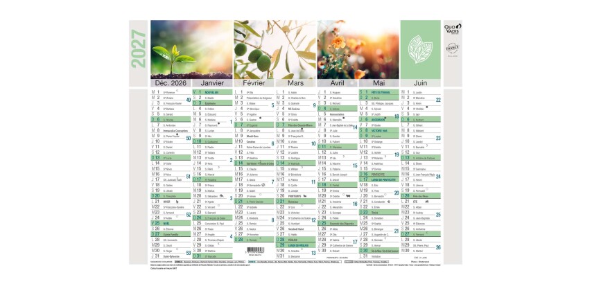 Quo Vadis - Calendrier mural - 2027 - Français - Equology - § - 14 mois de décembre à janvier - 18x13,5 cm recyclé