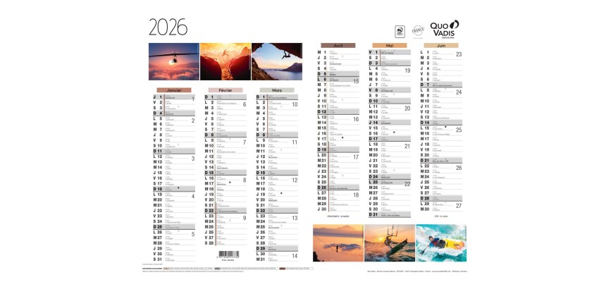 Quo Vadis - Calendrier éphéméride - 2026 - Français - Fantaisie - Multicolore - 12 mois de janv à déc. - 43x33,5 cm - par 10