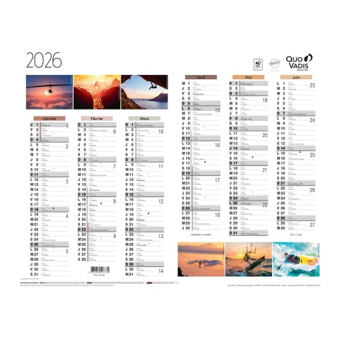 Quo Vadis - Calendrier éphéméride - 2026 - Français - Fantaisie - Multicolore - 12 mois de janv à déc. - 43x33,5 cm - par 10