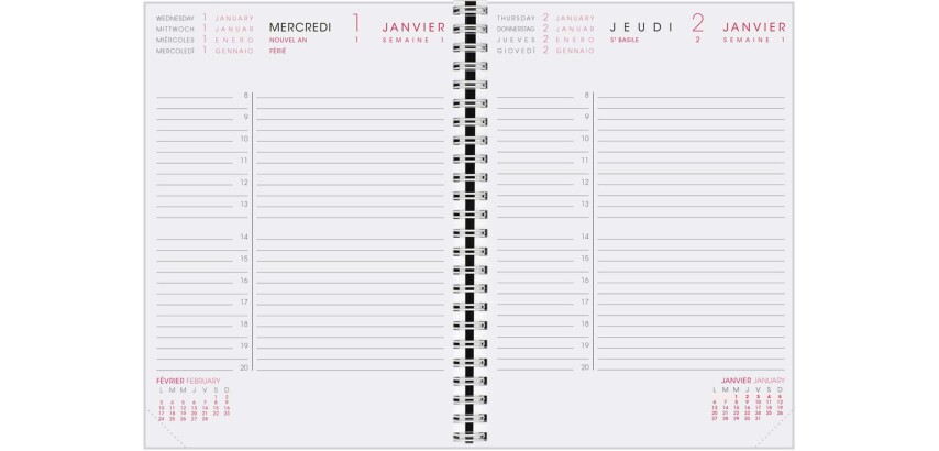 Agenda Moderne - Recharge Agenda - Spiralé avec répertoire tranche dorée - 2027 - INTAB1J - 1JOUR/PAGE / 2 semestres - Journalier - Multilingue - 12 mois de janvier à décembre - 15x21 cm