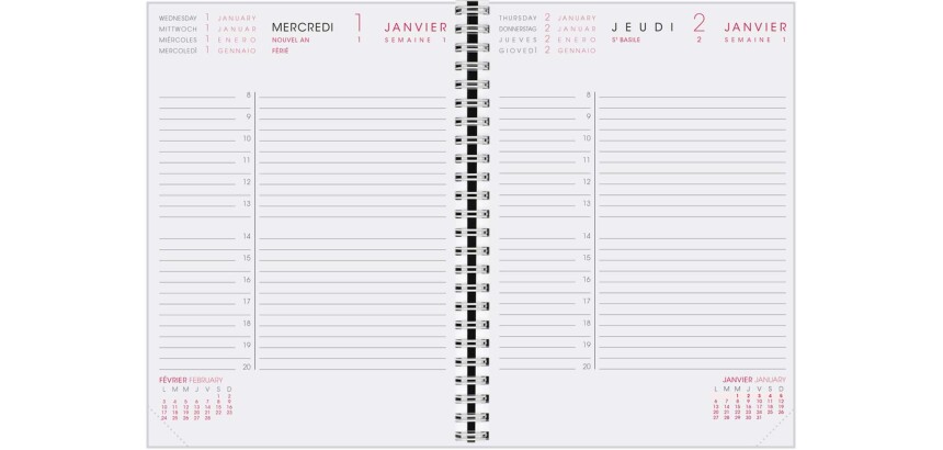 Agenda Moderne - Recharge Agenda - Spiralé avec répertoire tranche dorée - 2027 - INTAB1J - 1JOUR/PAGE / 2 semestres - Journalier - Multilingue - 12 mois de janvier à décembre - 15x21 cm