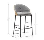 Taburete Eamy gris claro chapado en fresno con acabado natural y metal negro altura 65 cm