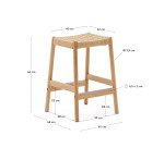 Stool Yalia in oak wood, natural finish and rope seat, height 65 cm