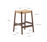 Stool Yalia in oak wood, walnut finish and rope seat, height 65 cm