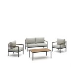 Ensemble d'extérieur Aiguafreda canapé 2 places, 2 fauteuils, table basse aluminium gris bois acacia