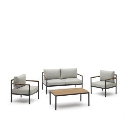 Set Aiguafreda van 2 zitsbank, 2 fauteuils en salontafel in grijs aluminium en acaciahout.