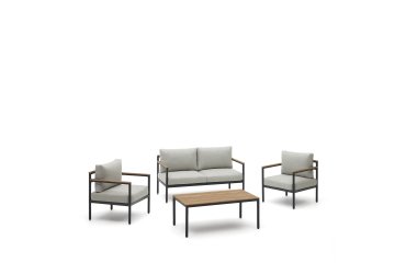 Set Aiguafreda van 2 zitsbank, 2 fauteuils en salontafel in grijs aluminium en acaciahout.
