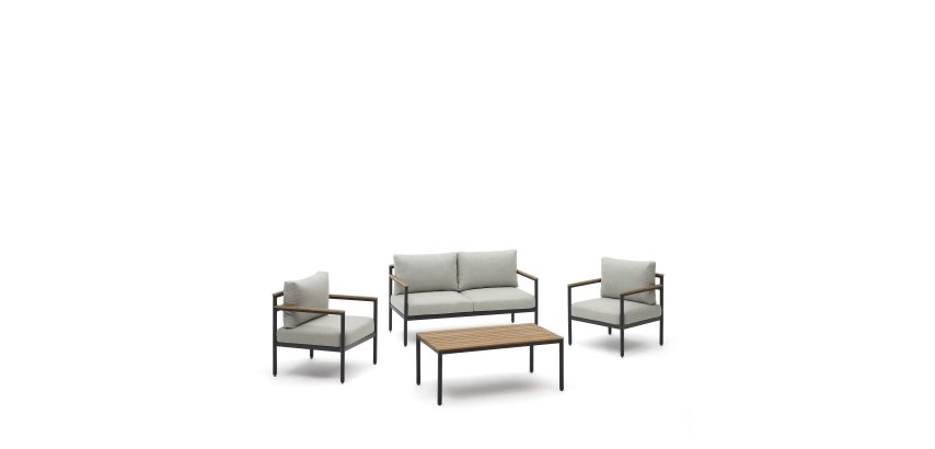 DE_Ensemble Aiguafreda canapé 2 places, 2 fauteuils, table basse aluminium gris bois acacia