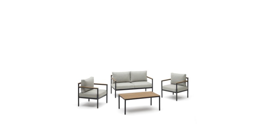 Ensemble d'extérieur Aiguafreda canapé 2 places, 2 fauteuils, table basse aluminium gris bois acacia