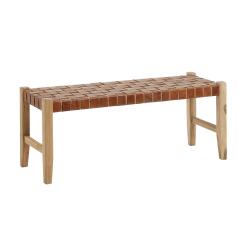 Banco Calixta de piel y madera maciza de teca con acabado natural 120 cm