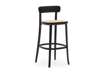 Tabouret Romane en bois massif de hêtre noir avec placage de frêne et rotin hauteur 75 cm