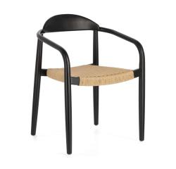 Silla Nina de madera maciza de acacia acabado negro y cuerda de papel beige