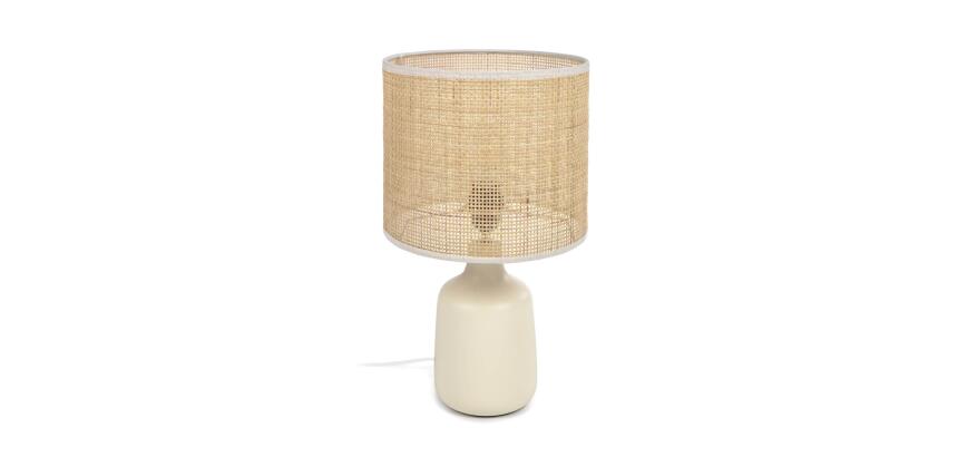 Lampe de table Erna en céramique blanche et bambou finition naturelle