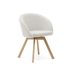 Silla giratoria Marvin chenilla beige y patas de madera maciza de haya acabado natural