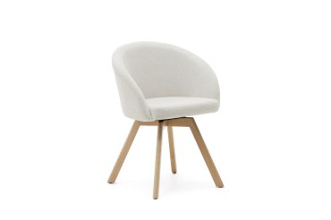 Chaise giratoire Marvinen chenille beige et pieds en bois de chêne finition naturelle