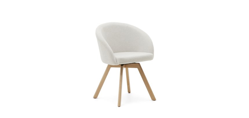 Chaise giratoire Marvinen chenille beige et pieds en bois de chêne finition naturelle