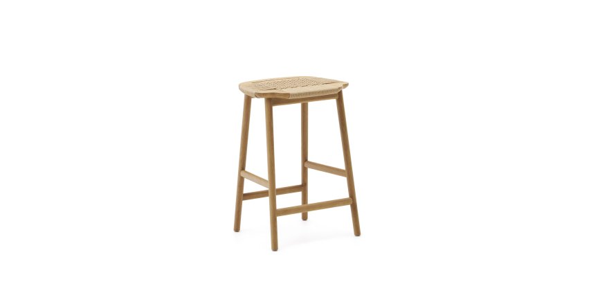 Enit stool made of beige paper cord and solid oak wood with natural finish, 65cm