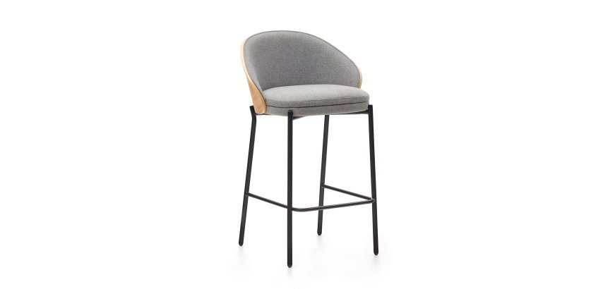Tabouret Eamy gris clair placage de frêne naturel et métal noir hauteur 65 cm