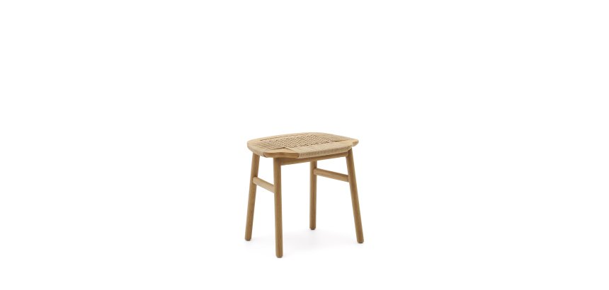 Enit stool made of beige paper cord and solid oak wood with natural finish, 43cm