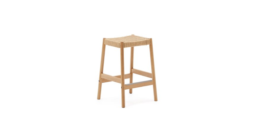 Stool Yalia in oak wood, natural finish and rope seat, height 65 cm