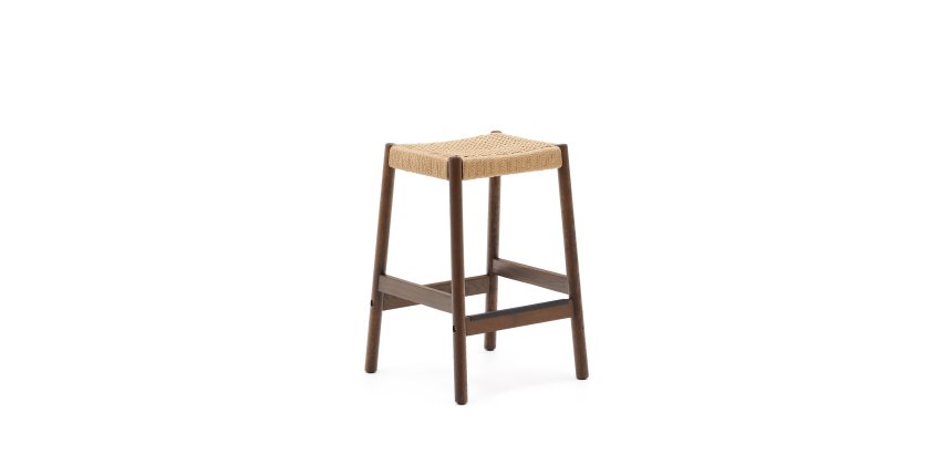 Stool Yalia in oak wood, walnut finish and rope seat, height 65 cm