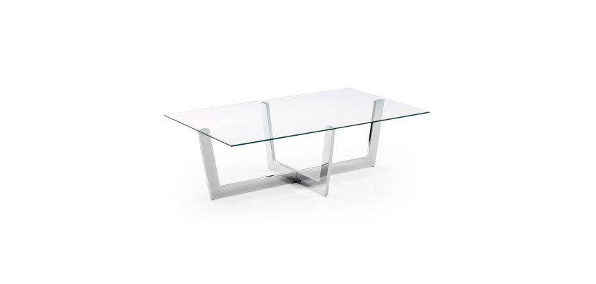 Table basse Plam en verre transparent et structure en acier chromé 120 x 70 cm