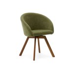 Chaise giratoire Marvin en chenille verte et pieds en bois de chêne finition noyer