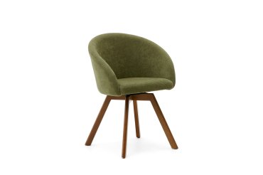 Chaise giratoire Marvin en chenille verte et pieds en bois de chêne finition noyer