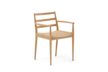 Chaise Analy avec accoudoirs en bois de chêne, finition naturelle assise en corde