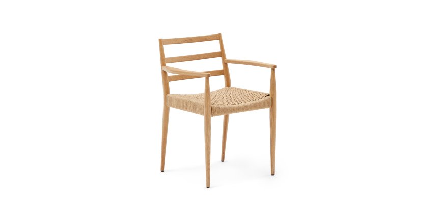 Analy chair with armrests in solid oak wood in a natural finish and rope cord seat