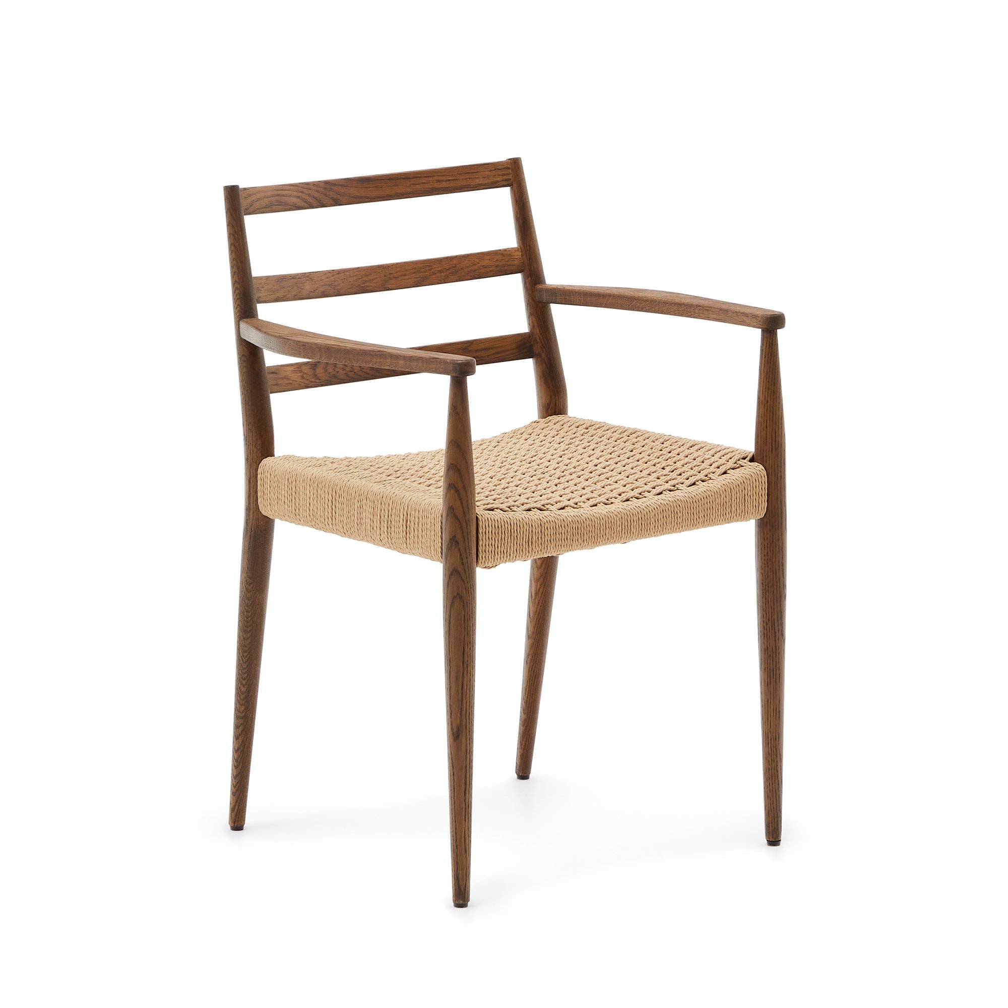 Chaise Analy avec accoudoirs en bois de chêne, finition noyer assise en corde