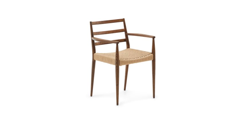 Chaise Analy avec accoudoirs en bois de chêne, finition noyer assise en corde